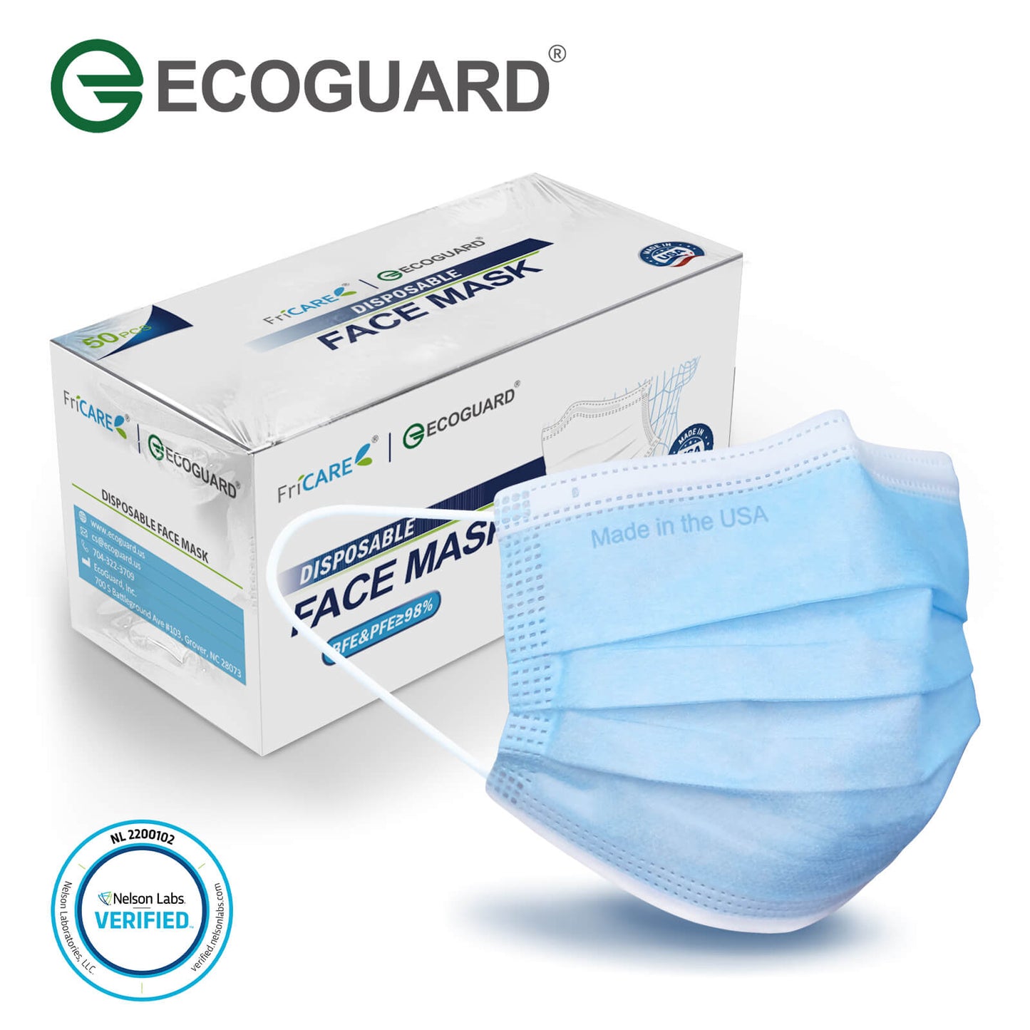 Made in USA EG EcoGuard 3-Ply Disposable Face Mask for Adult ASTM Level 3