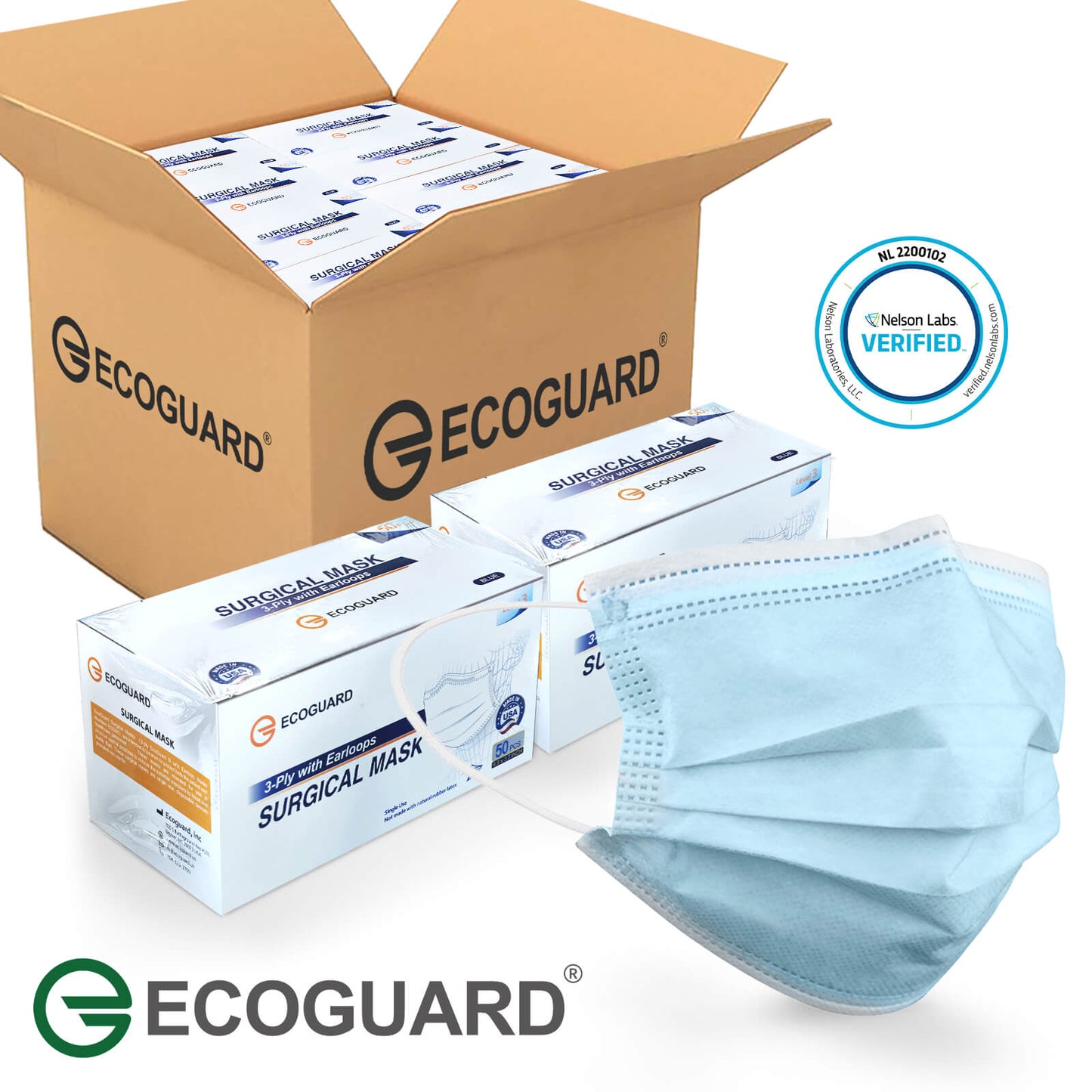 Made in USA EG EcoGuard Surgical Disposable Mask 3-Ply Earloop 40 Boxes 2000 Pcs