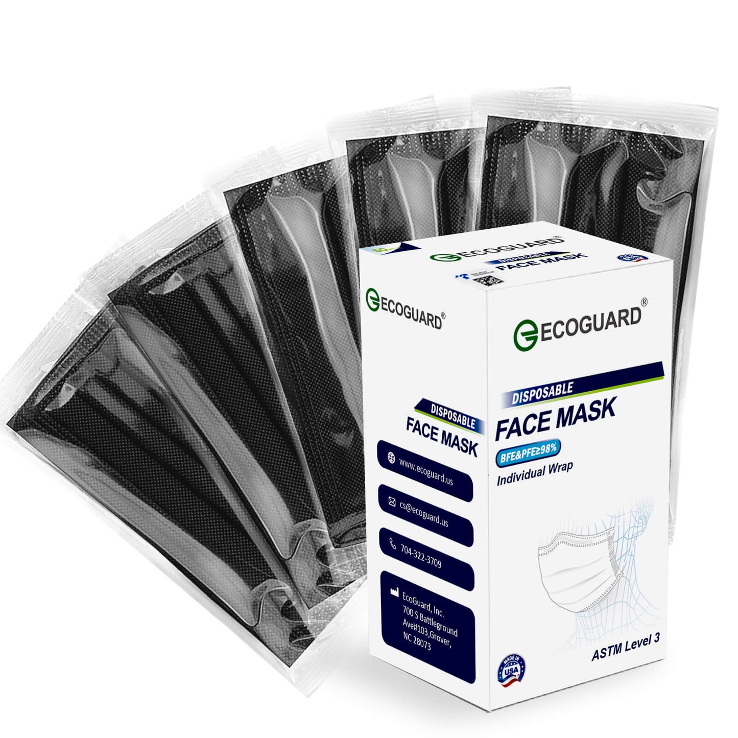 Made in USA EcoGuard 4-Ply Adult Mask Individually Wrapped, Black