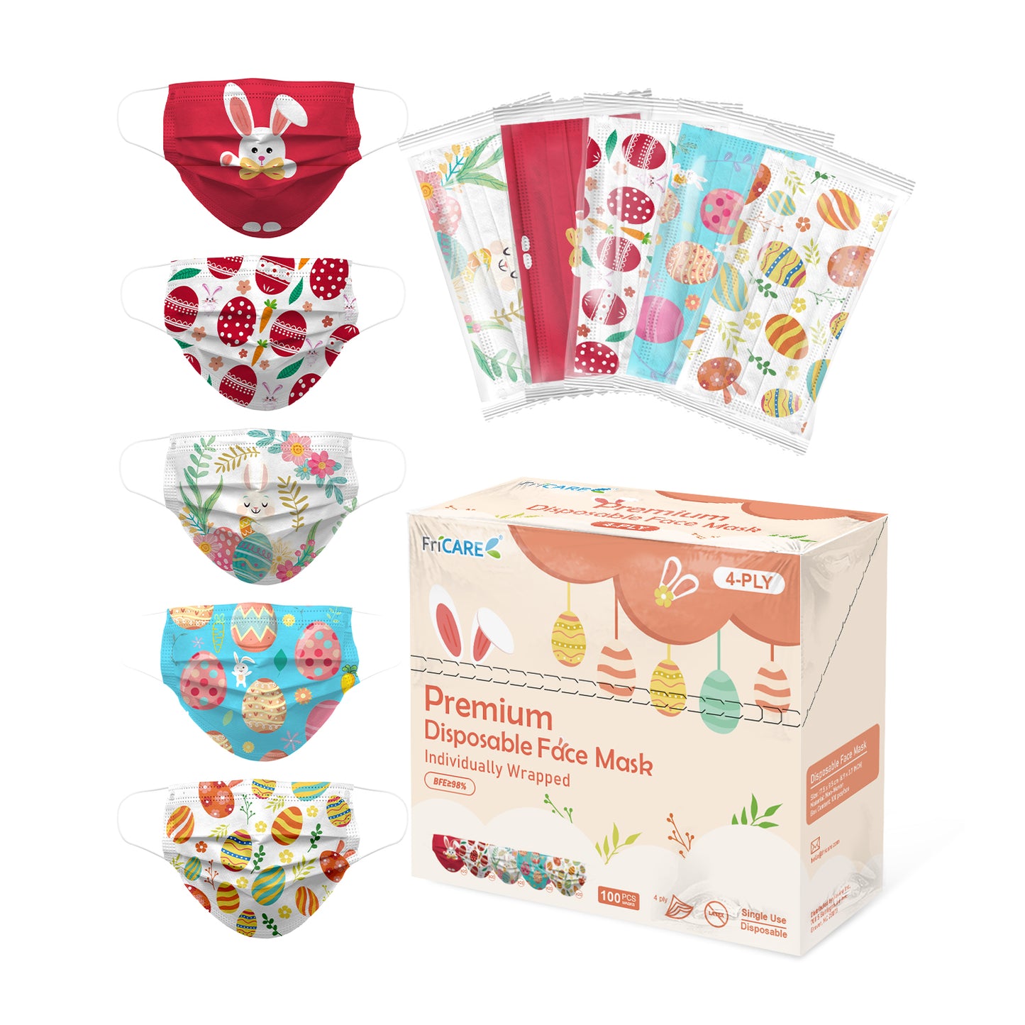 FriCARE Cute Disposable Face Masks (100 Pack) - Colorful designs, individually wrapped for travel