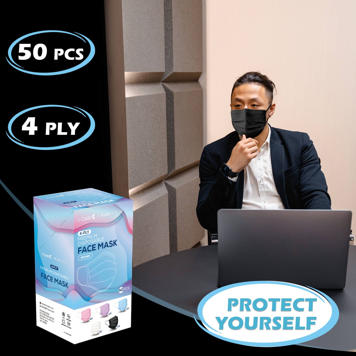 FriCARE Disposable Face Masks 4 Ply 50PCS Individually Wrapped, Breathable Mask for Adults Women Man