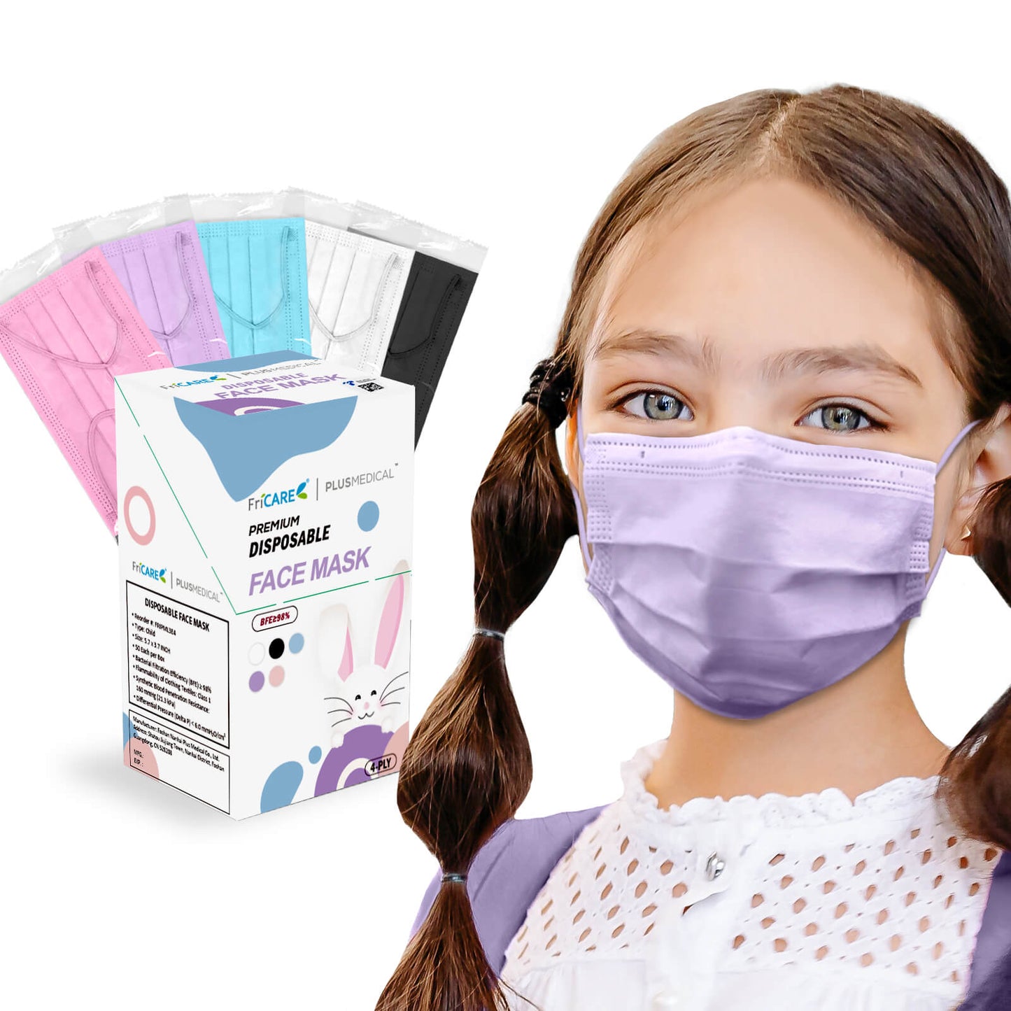 FriCARE 4-Ply Kids Disposable Face Mask Individually Wrapped 40 Boxes 2000 Pcs