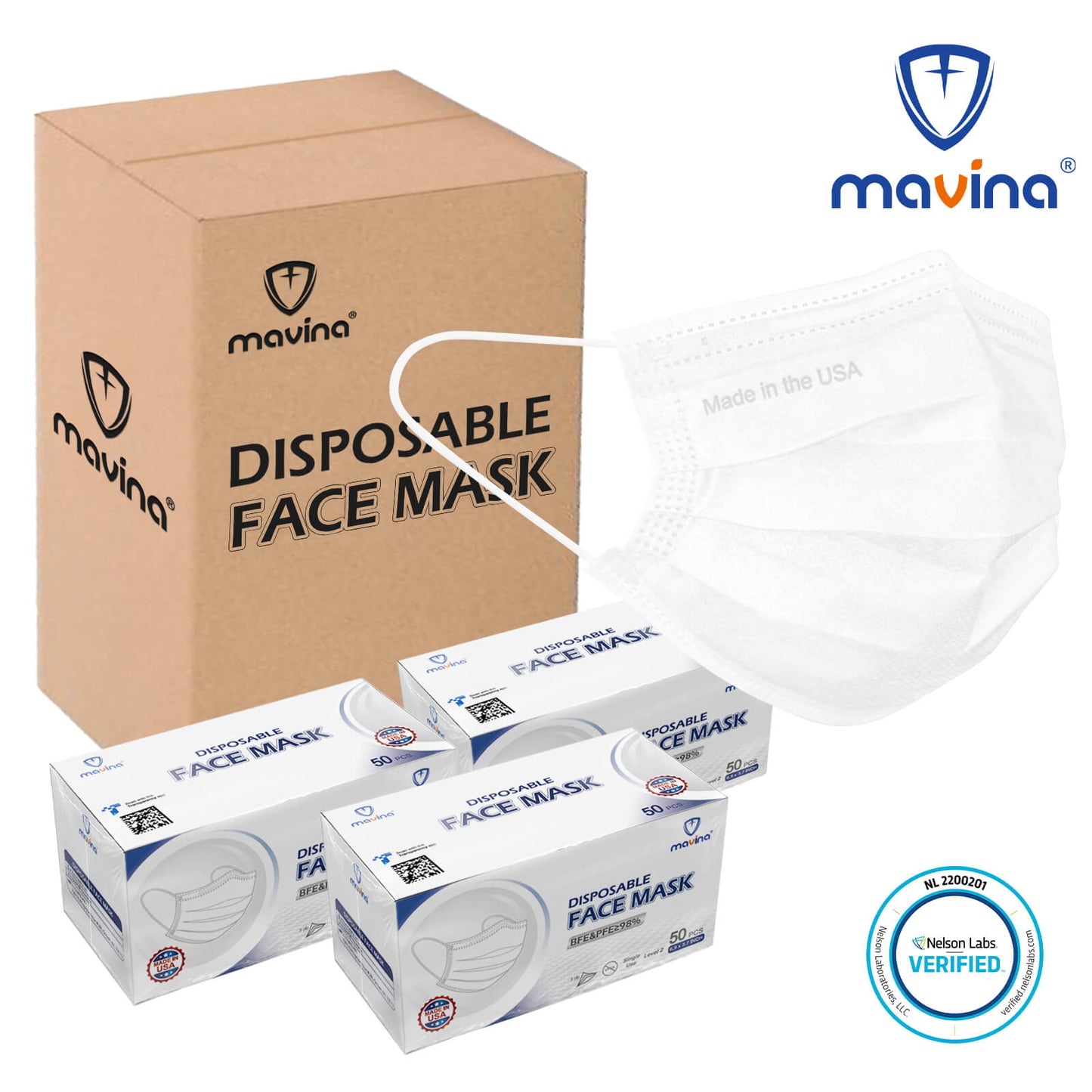 Made in USA Mavina 3-Ply Dispoable Face Mask for Adult, 2000pcs