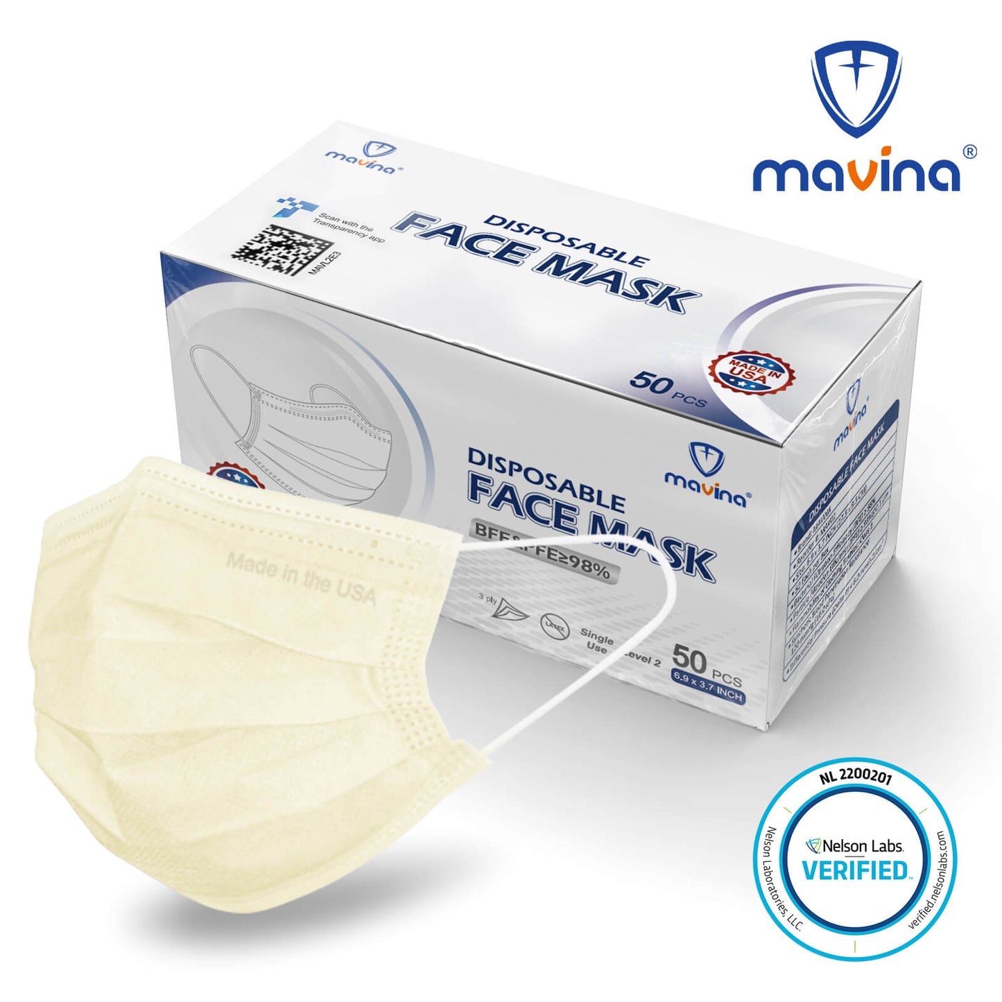 Made in USA Mavina 3-Ply ASTM Level 2 Face Mask for Adult
