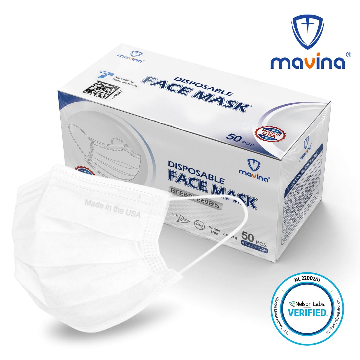 Made in USA Mavina 3-Ply ASTM Level 2 Face Mask for Adult