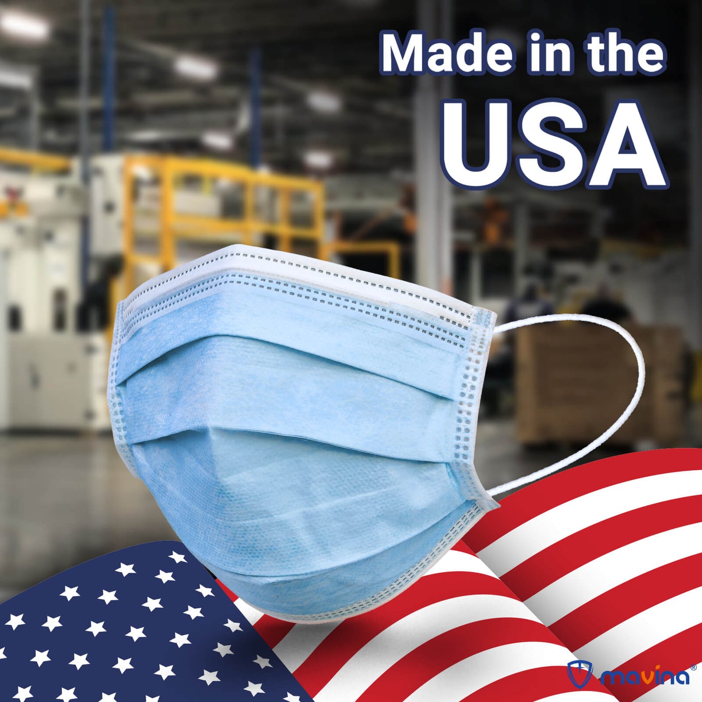 Made in USA Mavina Surgical Mask 3-Ply Earloop for Adult, 2000pcs